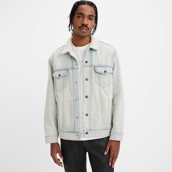 Levi’s Mens Light Wash Denim Relaxed Fit Sherpa Trucker Jacket Snap Button XXL - Picture 1 of 11